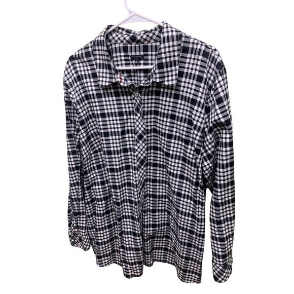 Talbots Plus Plaid Black White Button Front Shirt Blouse Size 3X - Picture 2 of 6